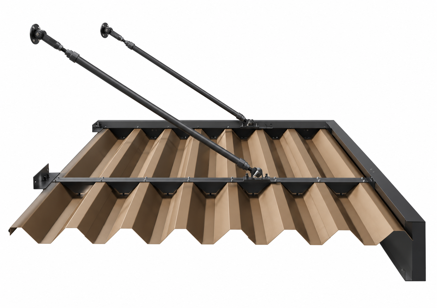 Drawing of a corrugated aluminum canopy frame from below showing welded framing, support clips and hanger rod connections