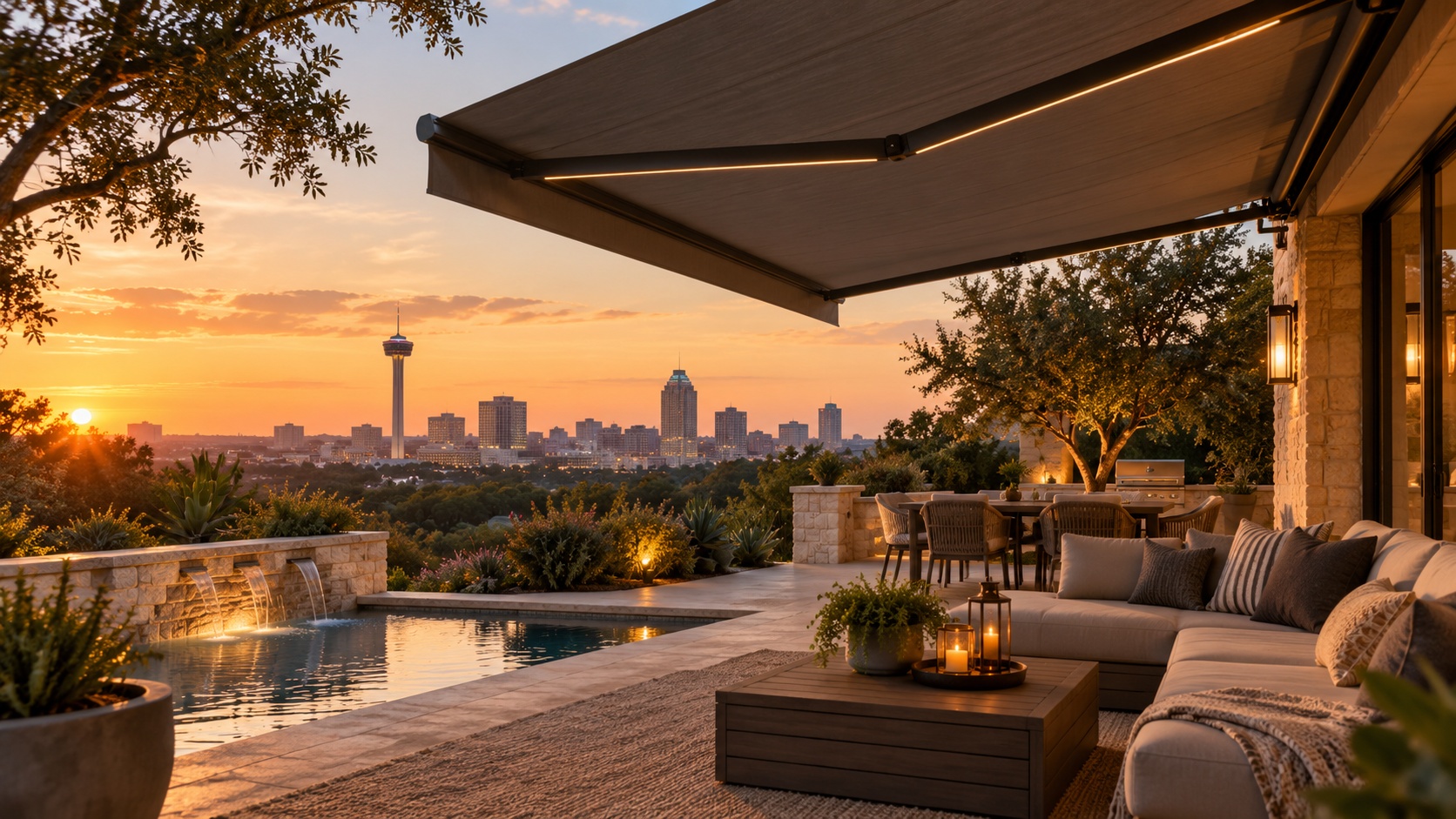 Covered patio with retractable awning overlooking the San Antonio skyline at sunset