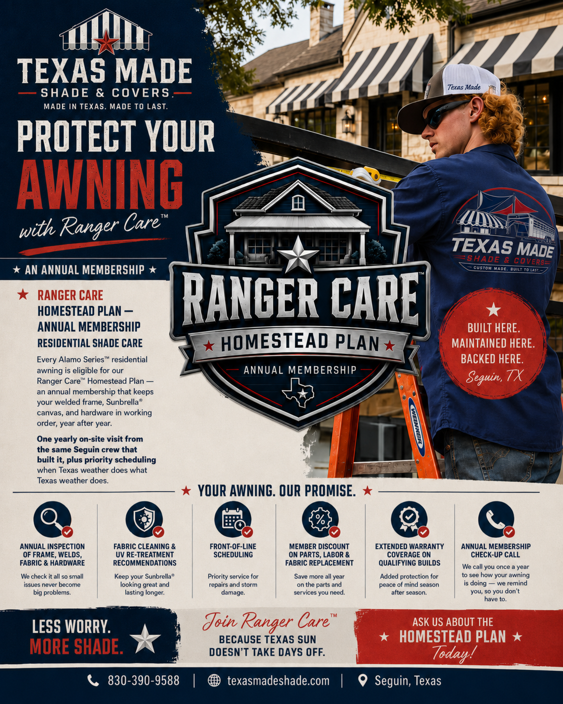 Ranger Care™ Homestead Plan annual membership flyer — Texas Made Shade & Covers awning protection plan, Seguin, Texas
