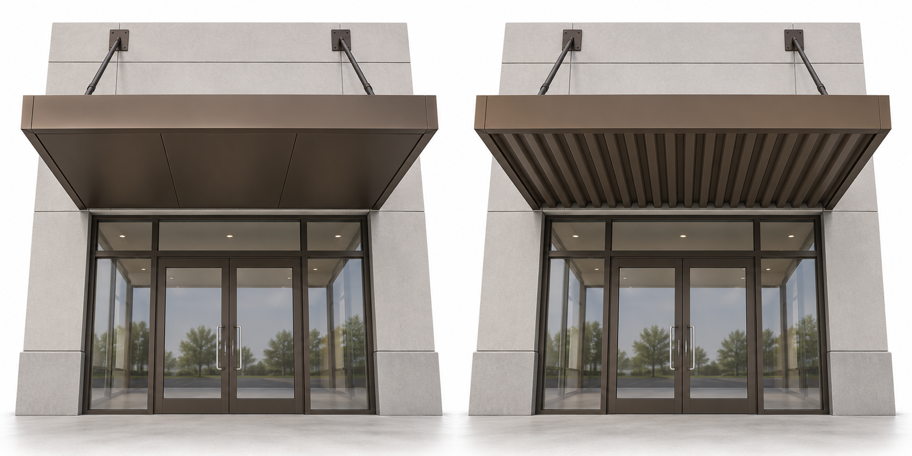 Side-by-side drawing comparing a flat soffit commercial storefront canopy with a corrugated underside canopy