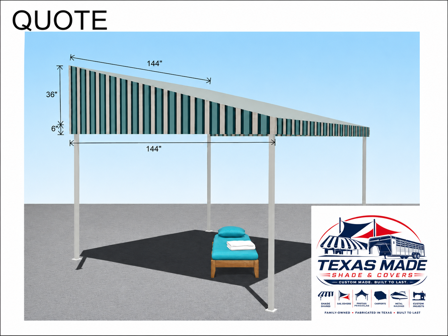 Shop drawing quote for canopy awnings in San Antonio — a 144-inch by 144-inch white steel frame patio canopy with teal and cream striped fabric, 36-inch high back and 6-inch front drop over a poolside lounge chair