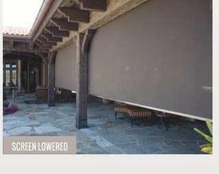 Same residential patio with the Solair® Power Screen lowered for shade and insect protection