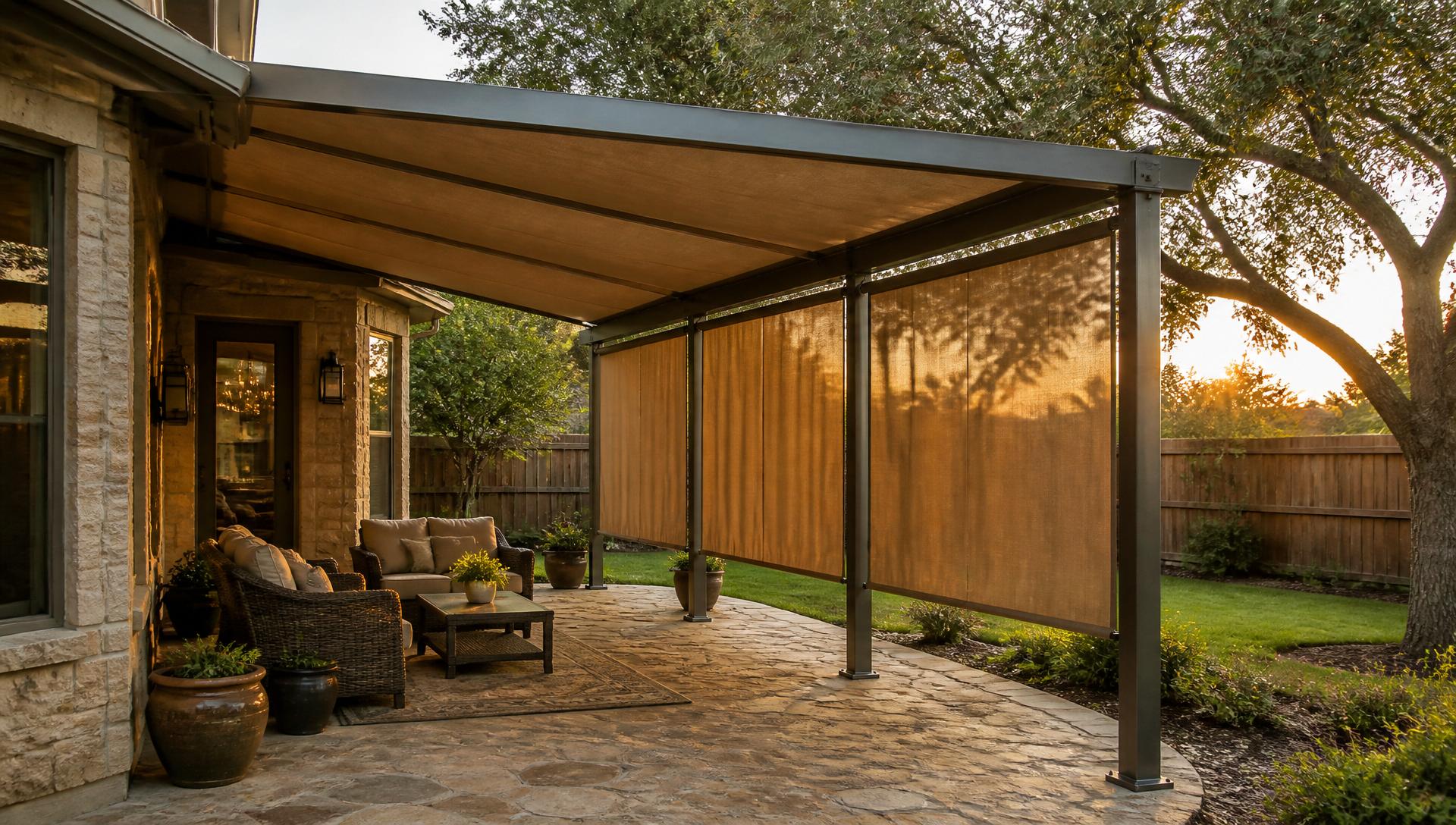Texas backyard patio shaded by a custom awning with outdoor drop curtains