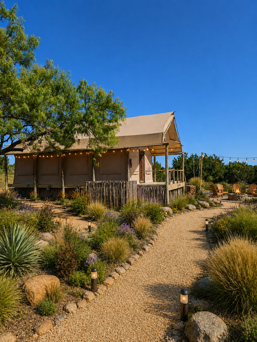 Custom safari glamping tent on a Texas Hill Country property with a shaded wooden deck, string lights, native plants and a gravel path leading to the entrance