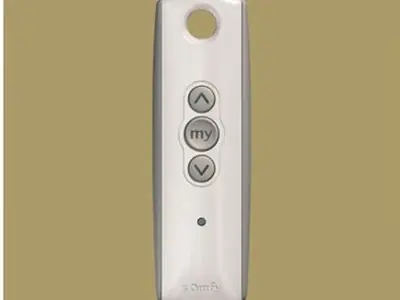 Handheld Somfy® remote control used to raise and lower a Solair® Vertical Curtain motorized shade
