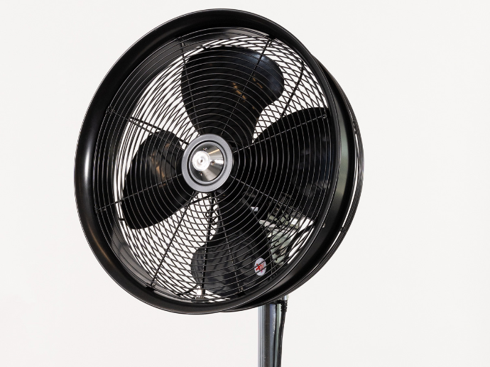 Black Aeromist high-pressure oscillating misting fan head on a pedestal stand