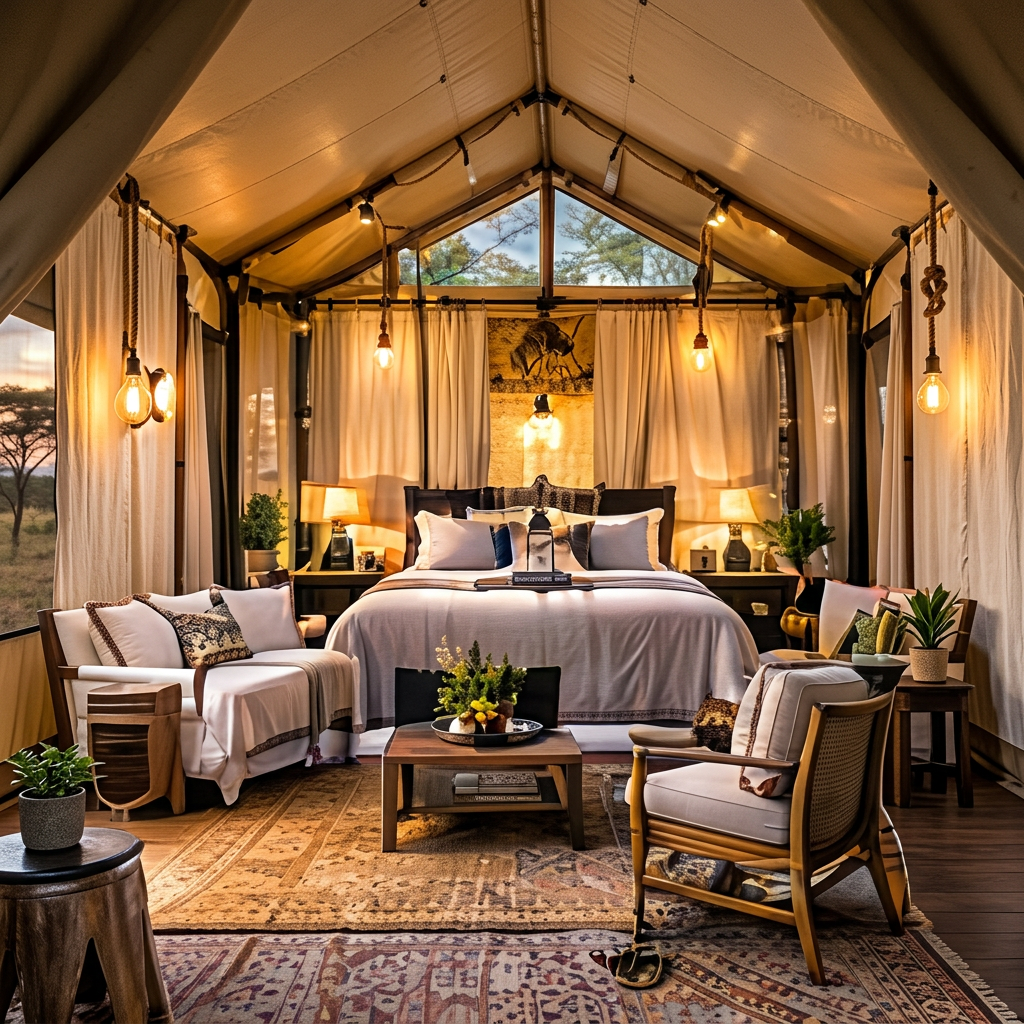 Interior of a luxury safari glamping tent with cream canvas walls, sewn drapes and liners, king bed and warm Edison pendant lighting