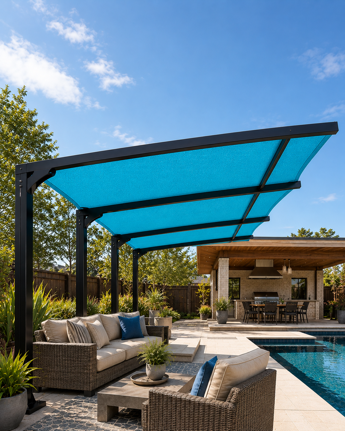 Luxury black-frame pergola with turquoise shade fabric over a poolside patio lounge