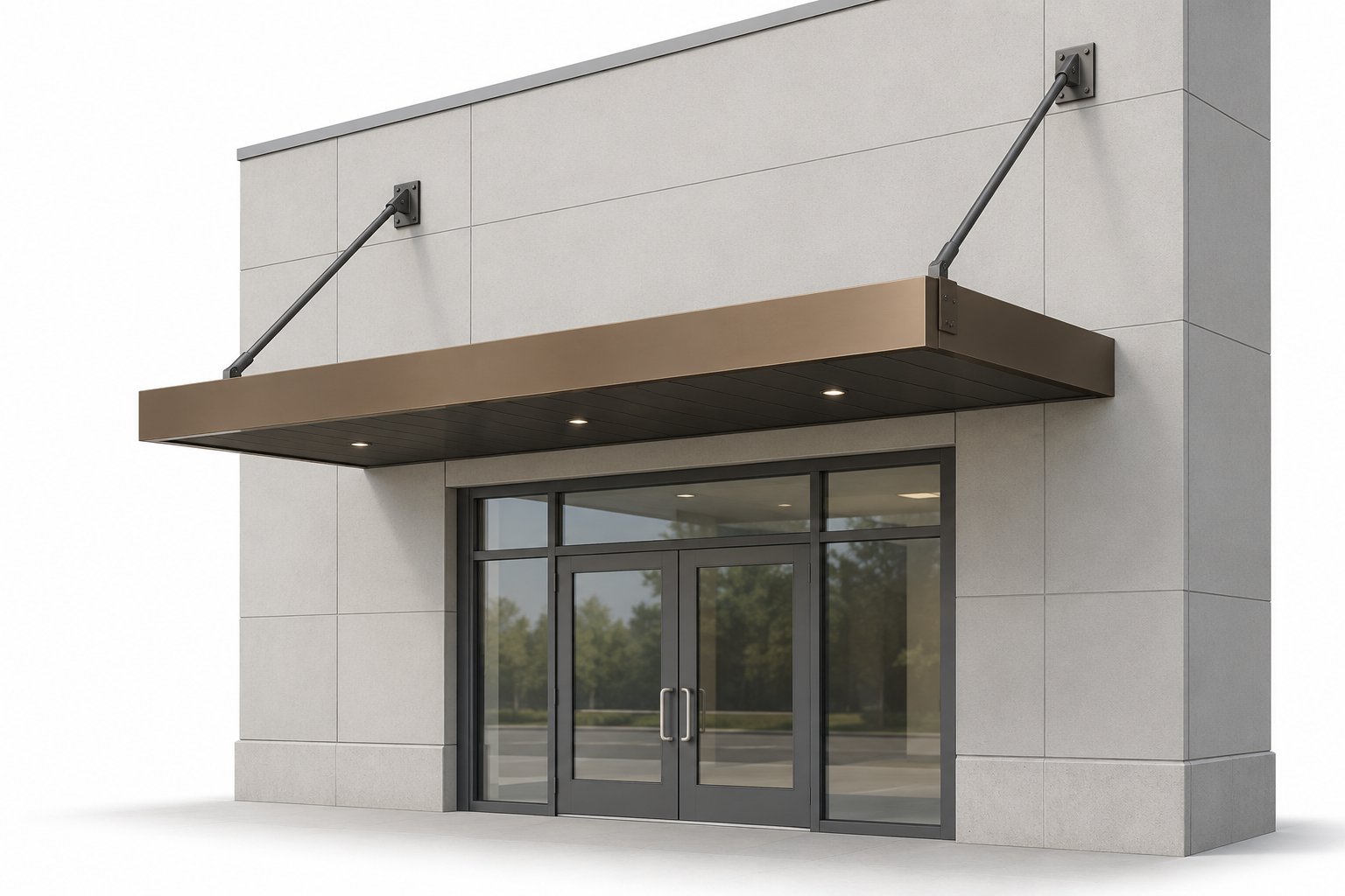 Bronze hanger-rod storefront canopy drawing — flat aluminum canopy suspended by tension rods above commercial glass entry doors