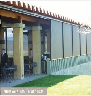 Solair® Power Screens mounted on a pergola-covered commercial event space
