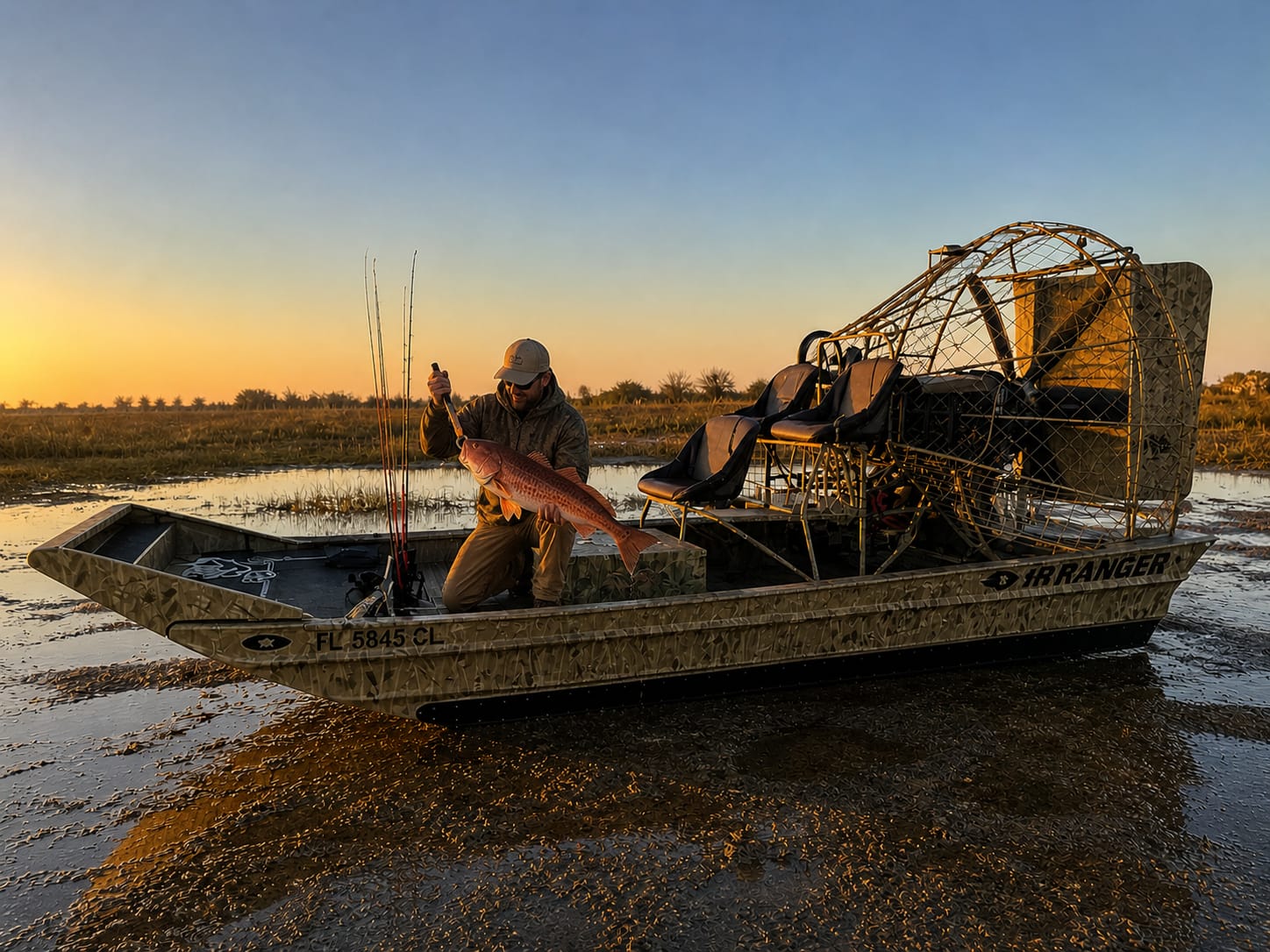 Angler holding a redfish on a camo-wrapped air boat at sunset in a Texas coastal marsh