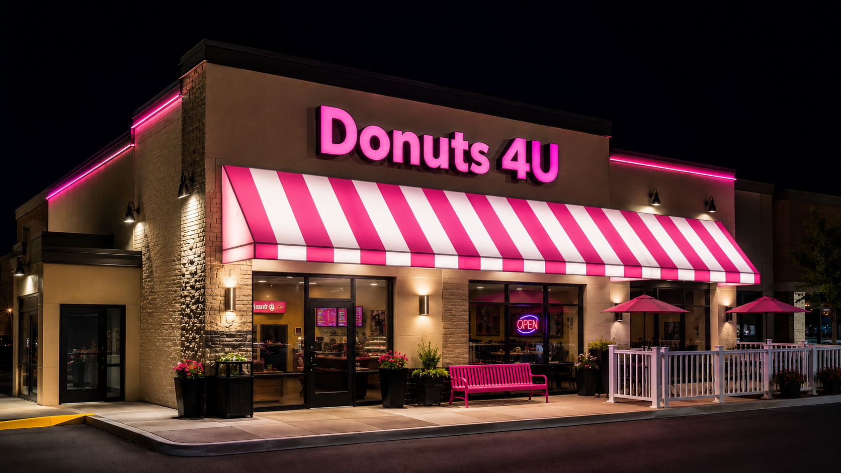 Pink illuminated backlit storefront awning glowing at night — Cooley-Brite® II fabric example