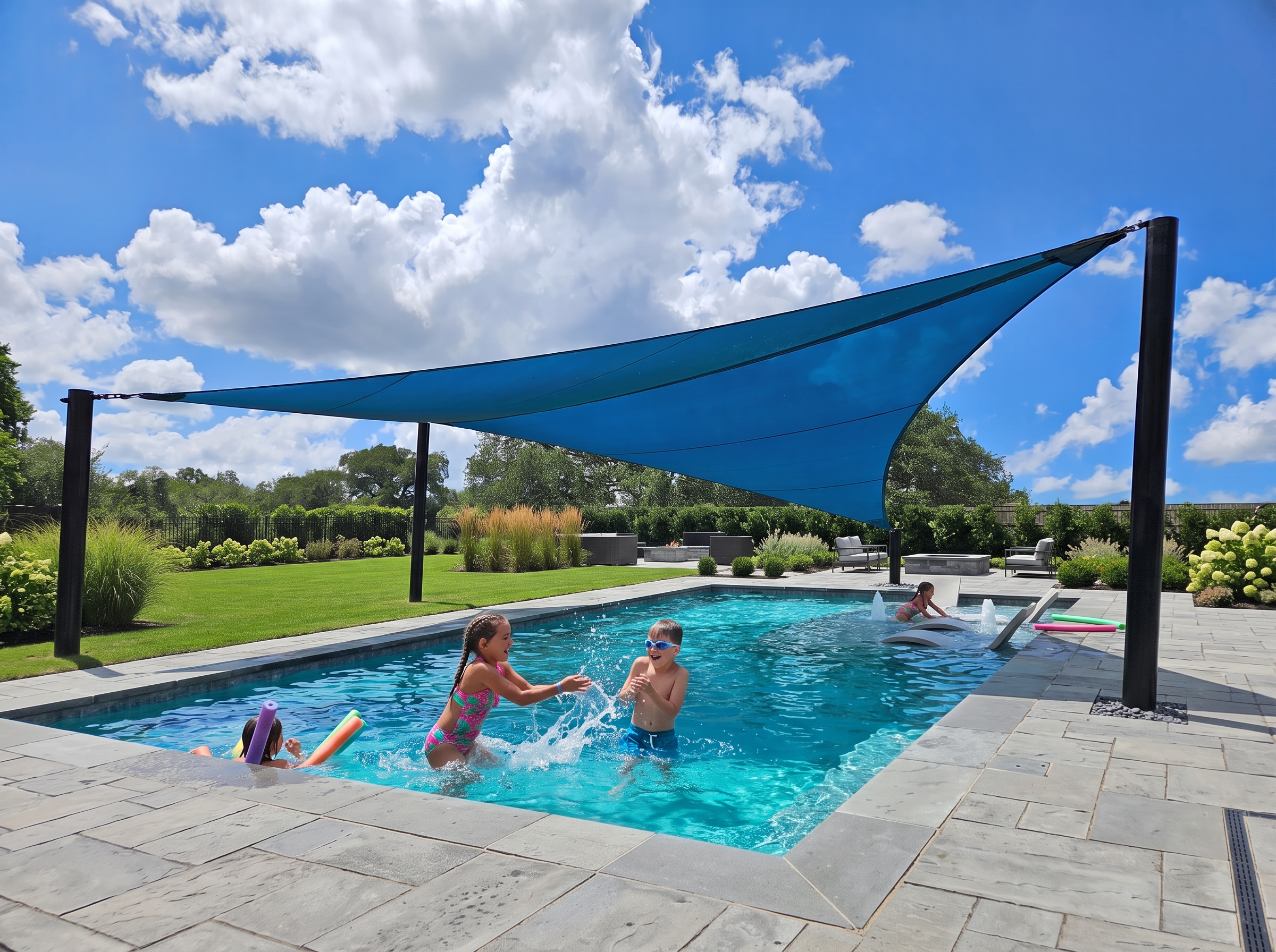 Kids swimming under a blue shade sail over a backyard pool in Texas