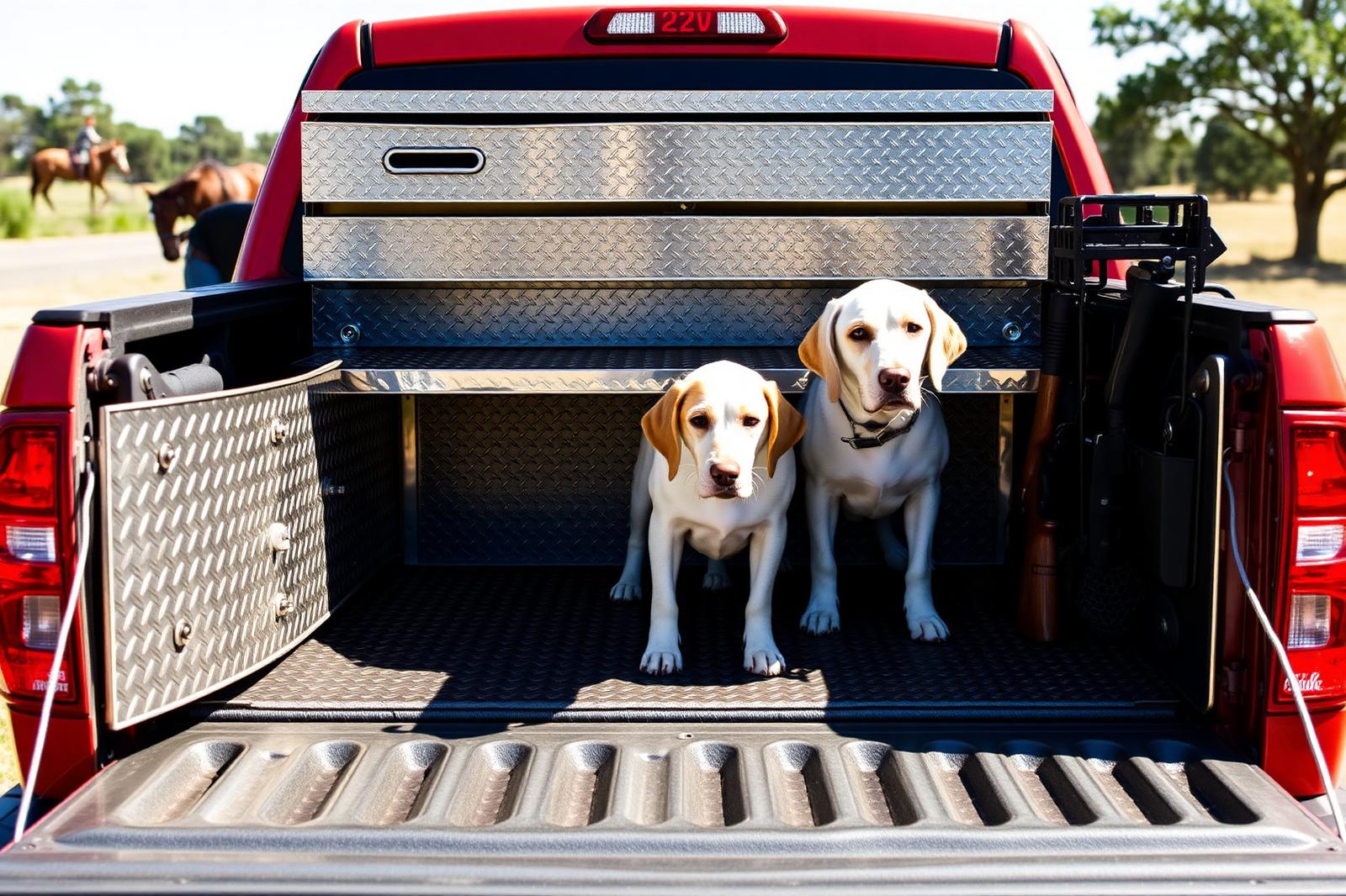 Custom-welded aluminum diamond plate dog box with vented kennel doors and bird dogs inside, mounted in a Texas hunting truck bed