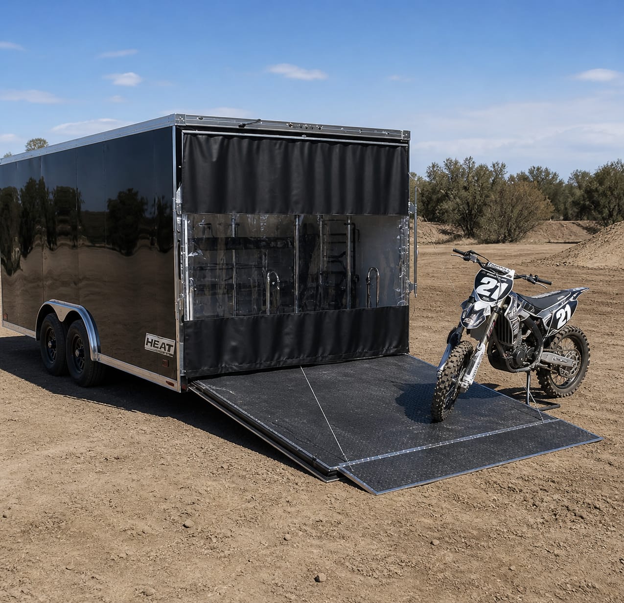 Black enclosed dirt bike trailer with a custom roll-down vinyl weather curtain and clear vinyl windows, ramp down with a number 21 motocross bike parked beside it on a Texas track