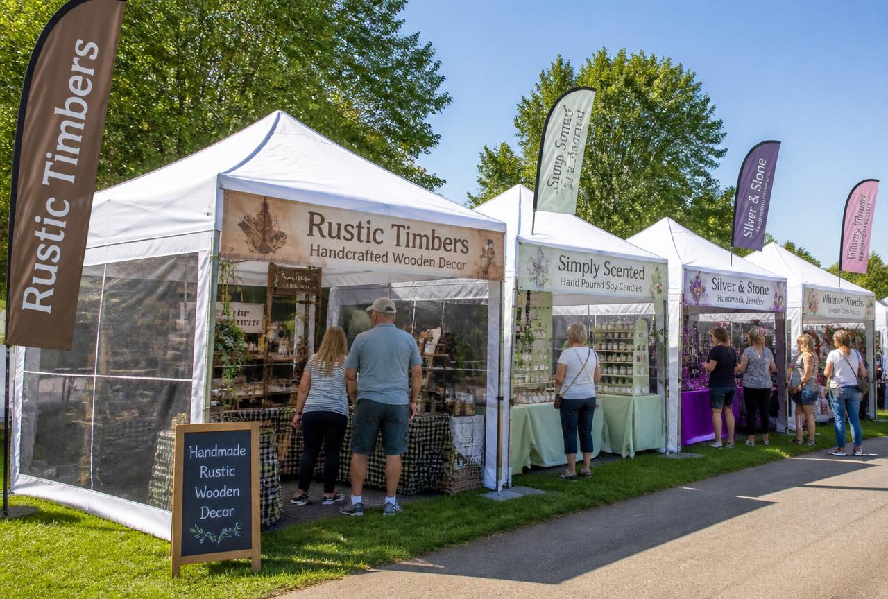 Row of commercial canopy tents with mesh and clear window sidewalls, printed backdrops, and feather flags at a craft festival