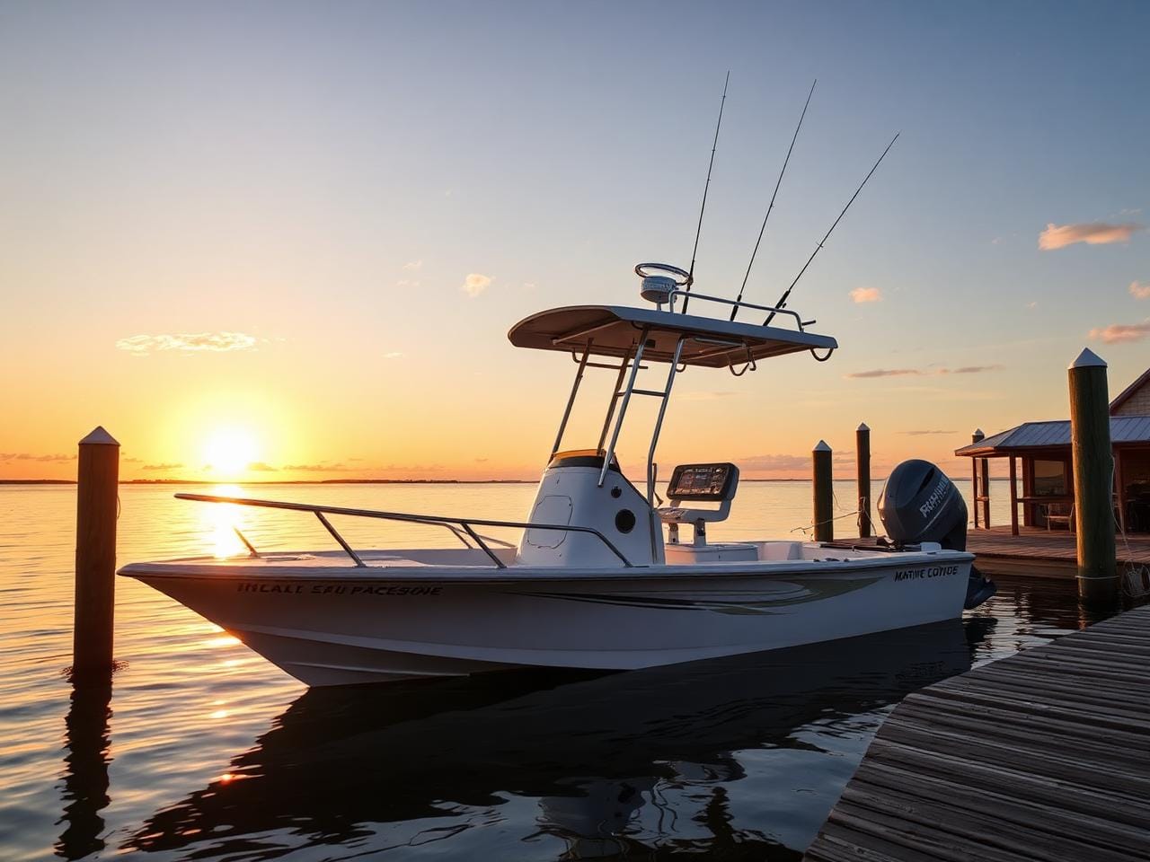 Coastal guide skiff at a fishing-lodge dock with custom bimini top and snap-on mooring cover in marine canvas