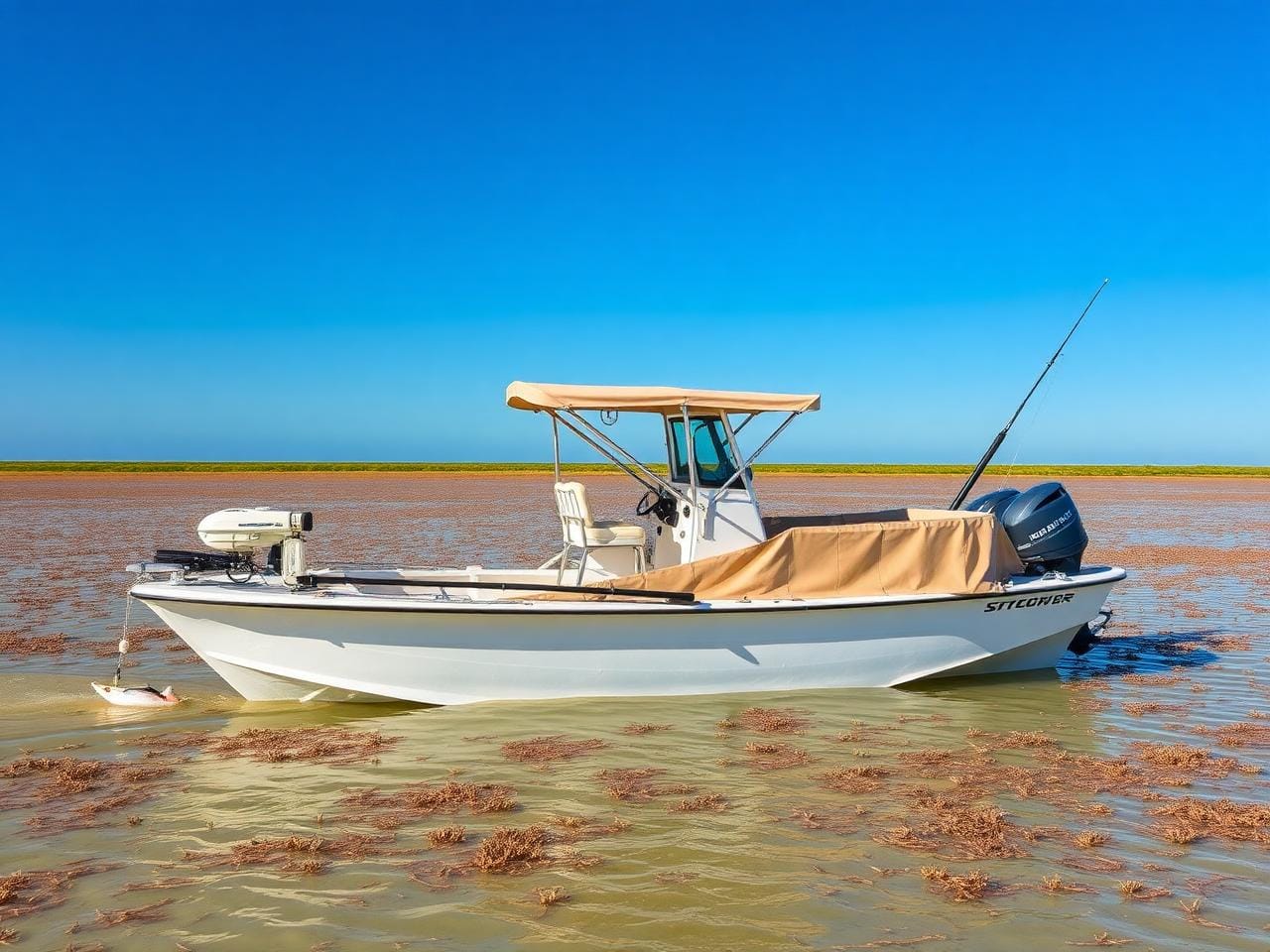 Texas bay guide boat with poling platform canvas cover and tan Sunbrella console cover on the redfish flats