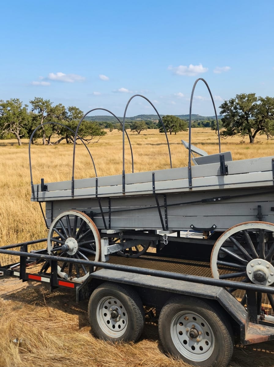 Historic covered wagon with bow frame in Texas pasture