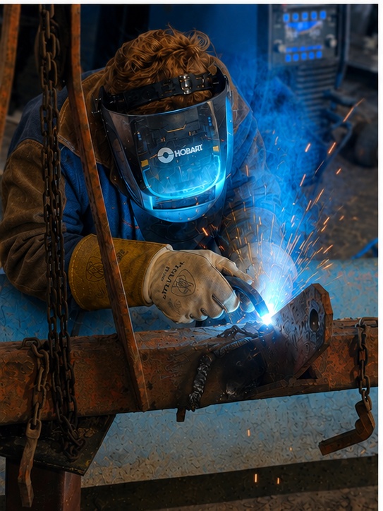 Texas Made Shade fabricator in a Hobart welding hood TIG-welding an aluminum dog box frame with bright blue arc and sparks inside the Seguin, TX shop