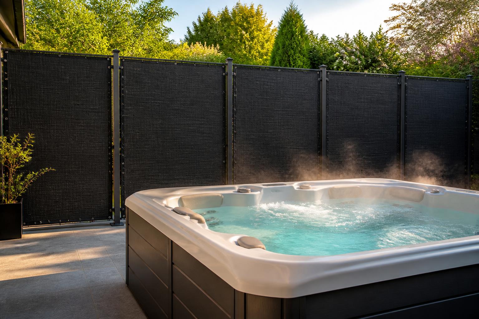 Custom black Commercial 95 HDPE privacy panel by Texas Made Shade installed alongside a backyard hot tub, blocking the neighbor's view while keeping airflow