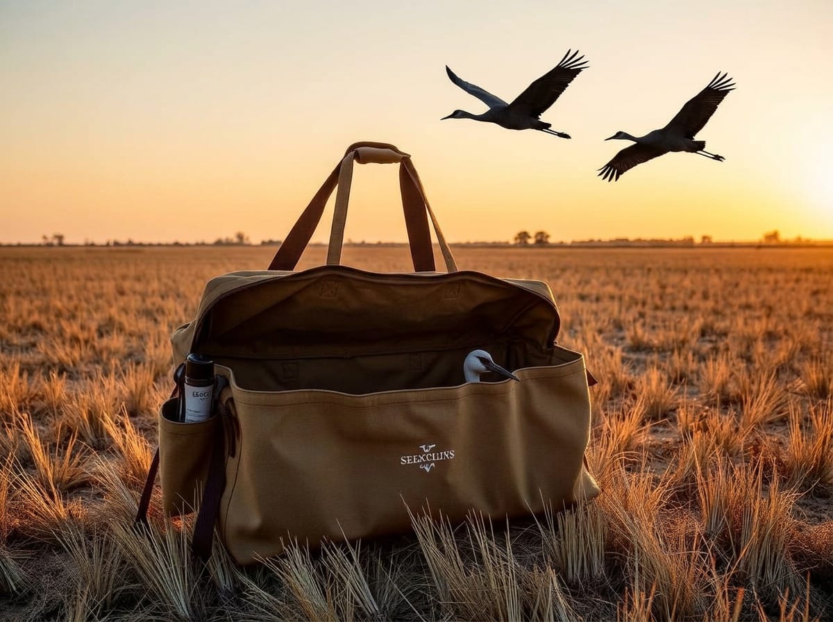 Custom canvas game bird decoy bag full of sandhill crane decoys in a Texas field at sunrise