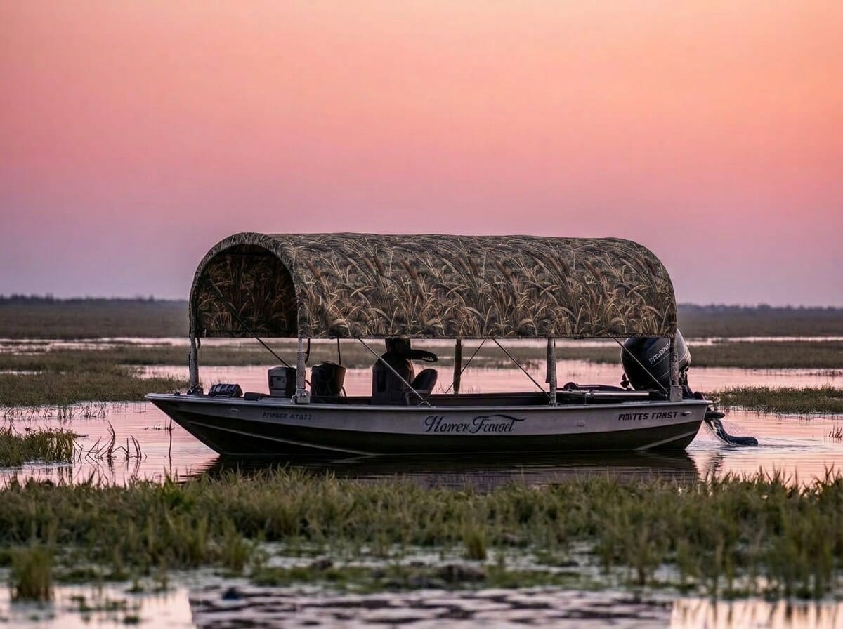 Heavy navy canvas tarp covering a duck hunting boat on a Texas marsh at dawn