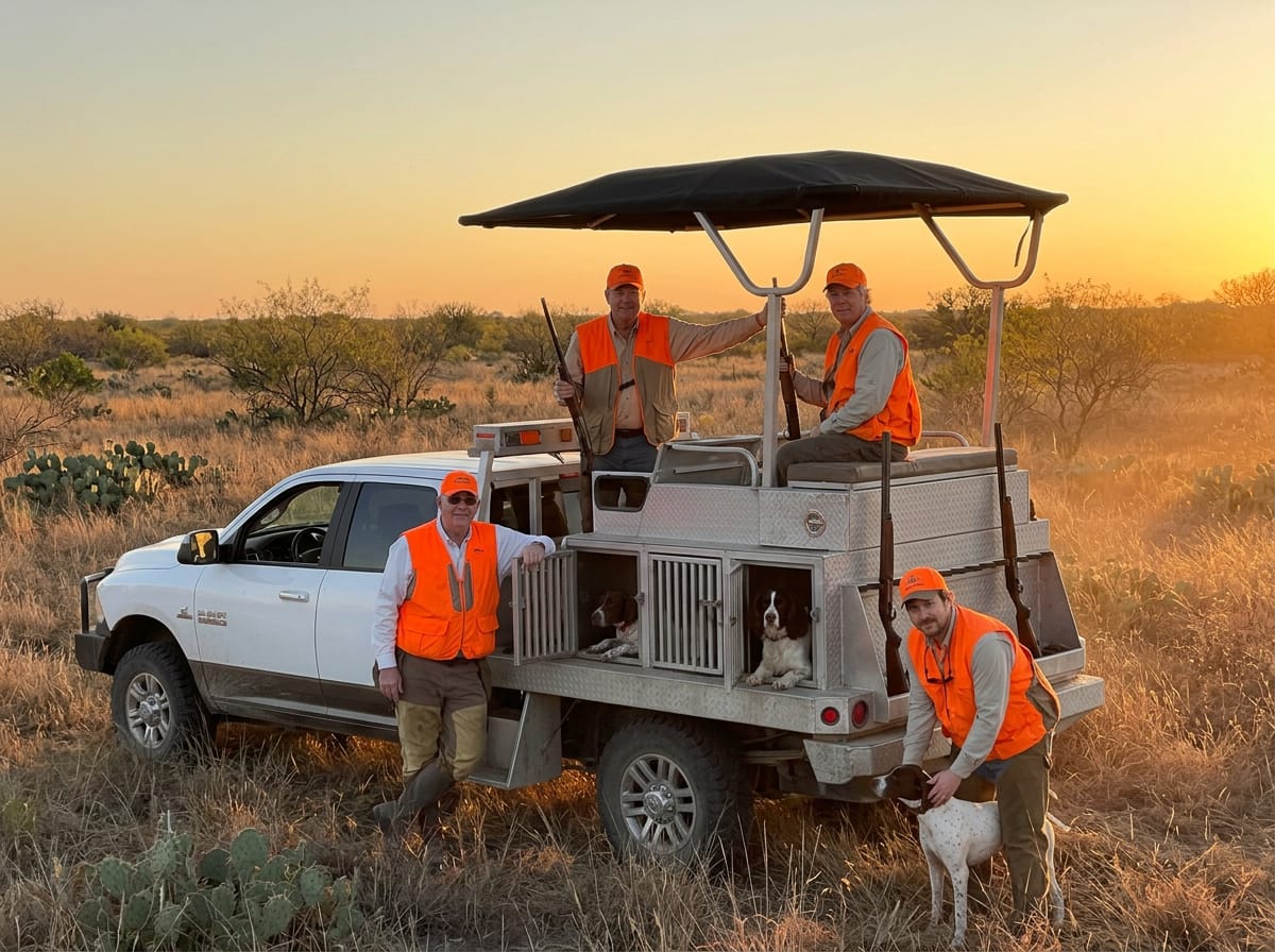 Four Texas bird hunters in blaze-orange vests standing on a custom welded aluminum dog box hunting truck at sunset