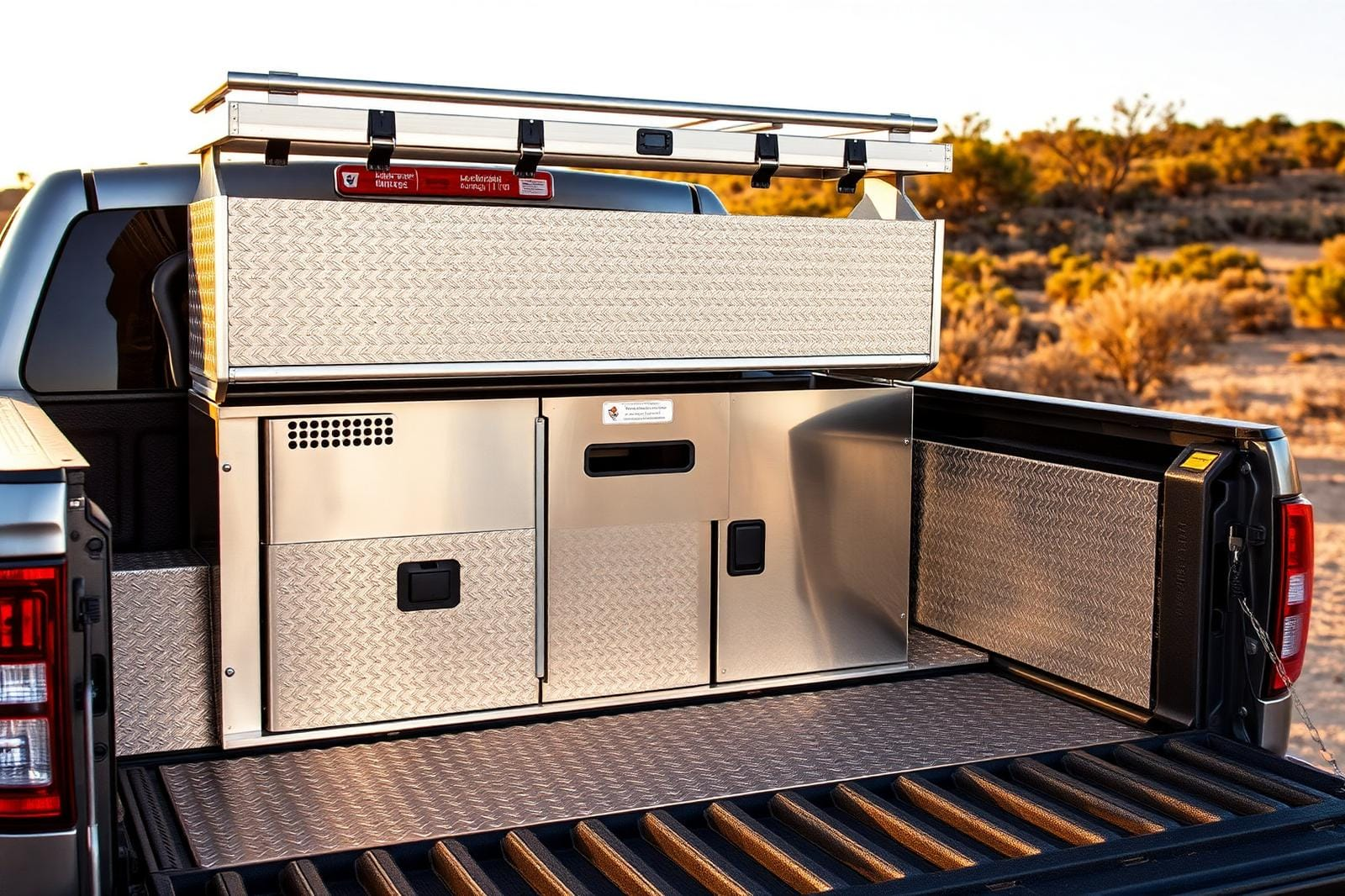 Custom welded aluminum dog box mounted in the bed of a Texas hunting truck with ventilation and storage