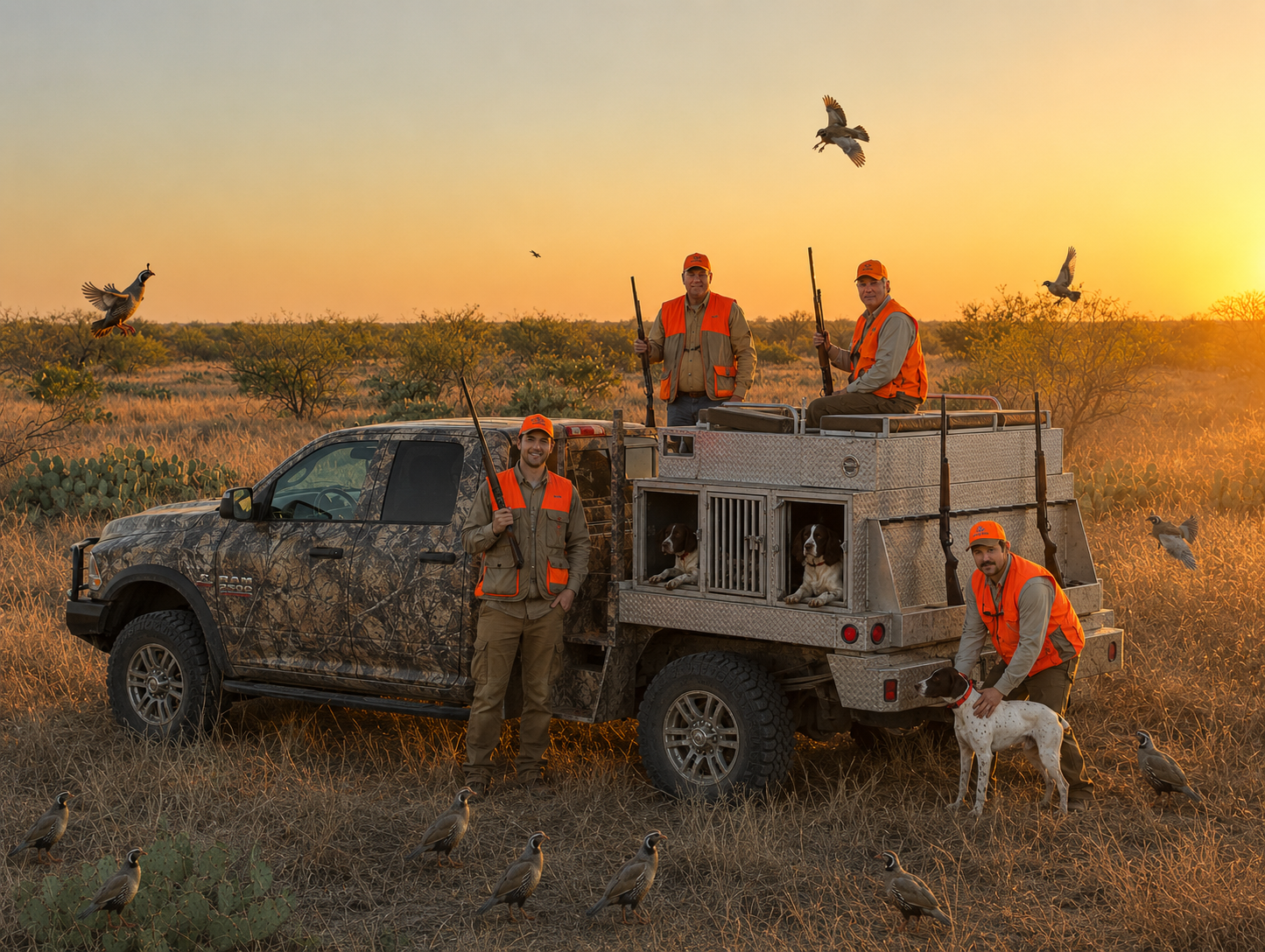 South Texas quail hunting party in blaze-orange vests with English Pointers in a custom welded aluminum dog box on a camo flatbed hunting truck at sunset in the brush country — built by Texas Made Shade in Seguin, TX