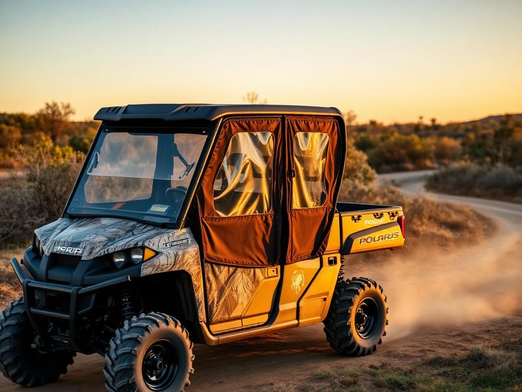 Polaris Ranger UTV fitted with custom roll-down weather curtains and clear vinyl windows on a Texas hunting ranch