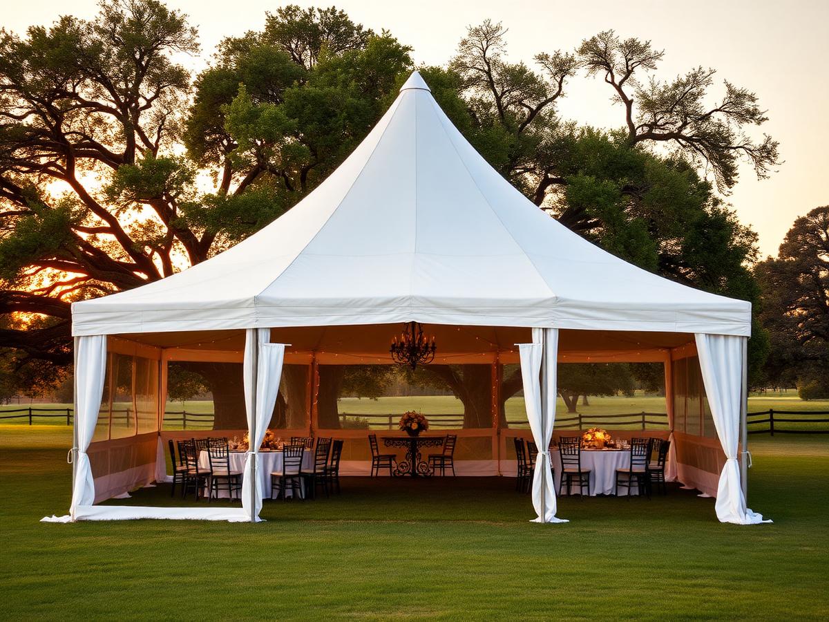 White peak-frame event tent set up on a Texas ranch lawn at golden hour