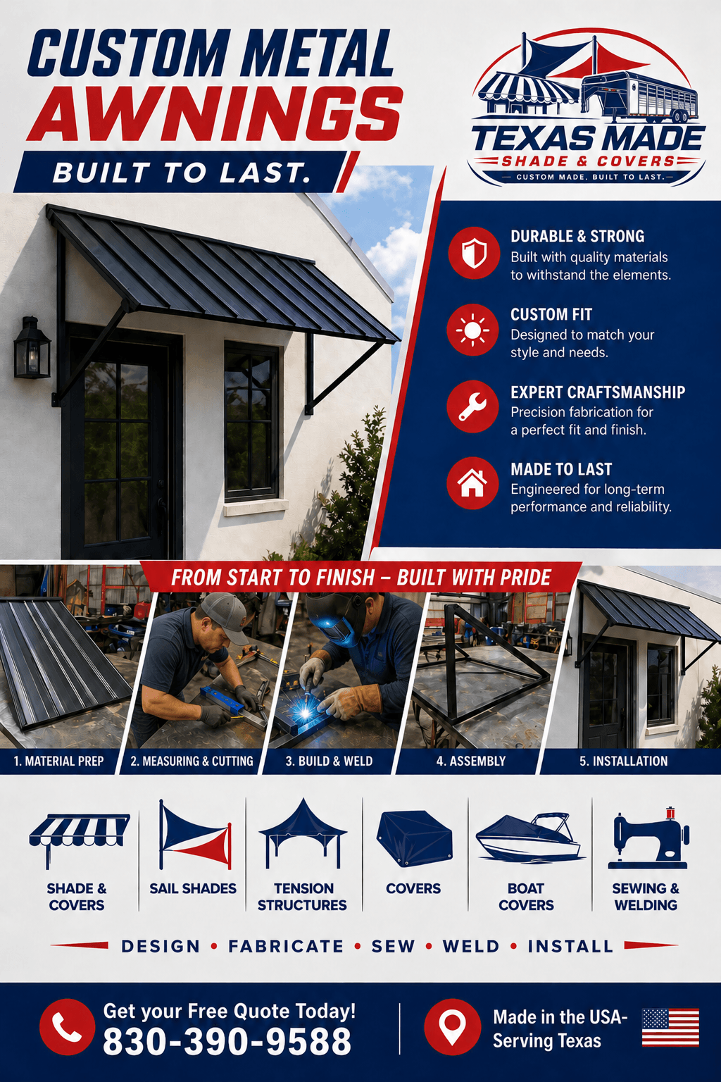 Texas Made Shade custom metal awnings infographic — durable & strong, custom fit, expert craftsmanship, and a 5-step build process: material prep, measuring & cutting, build & weld, assembly, installation