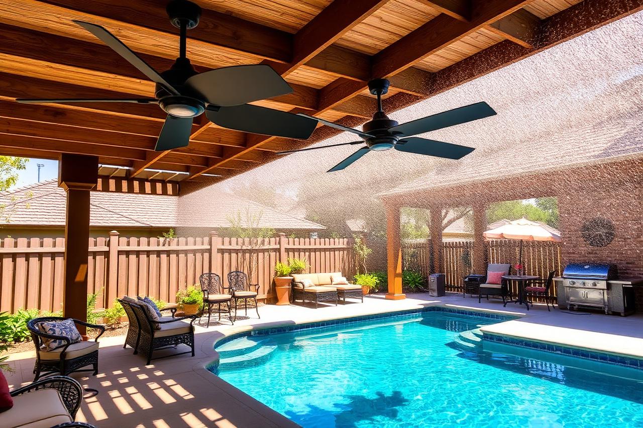 High-pressure misting system and outdoor fans cooling a luxury poolside patio