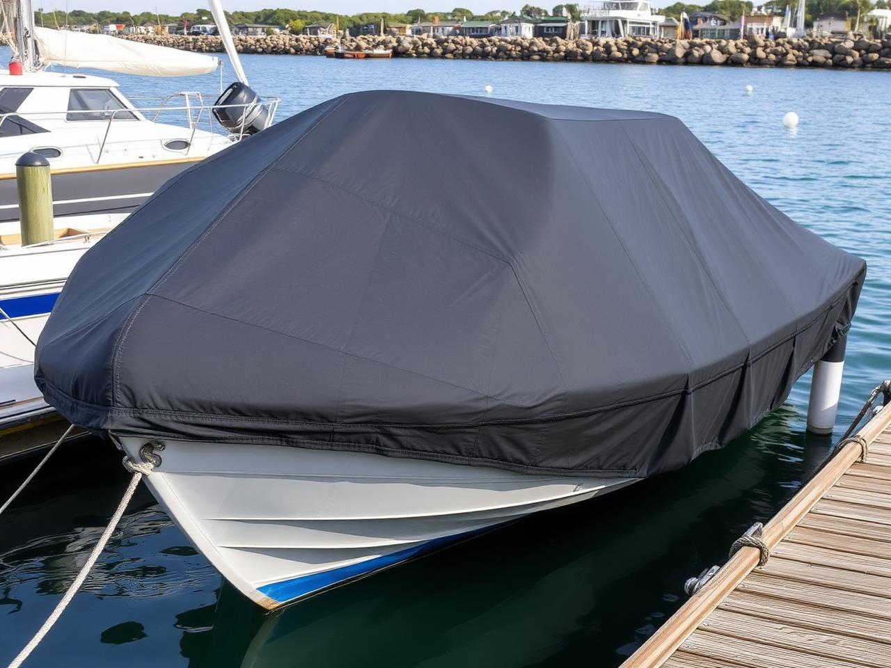 Offshore boat full mooring cover in heavy charcoal marine canvas tied down at a coastal slip