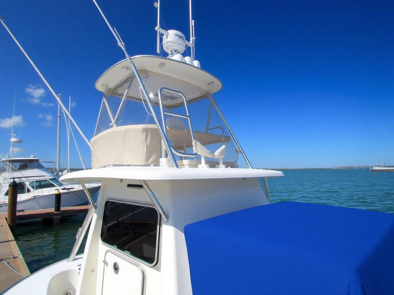 Large offshore sportfishing boat at a Port Aransas marina with custom Sunbrella T-top canvas and helm cover