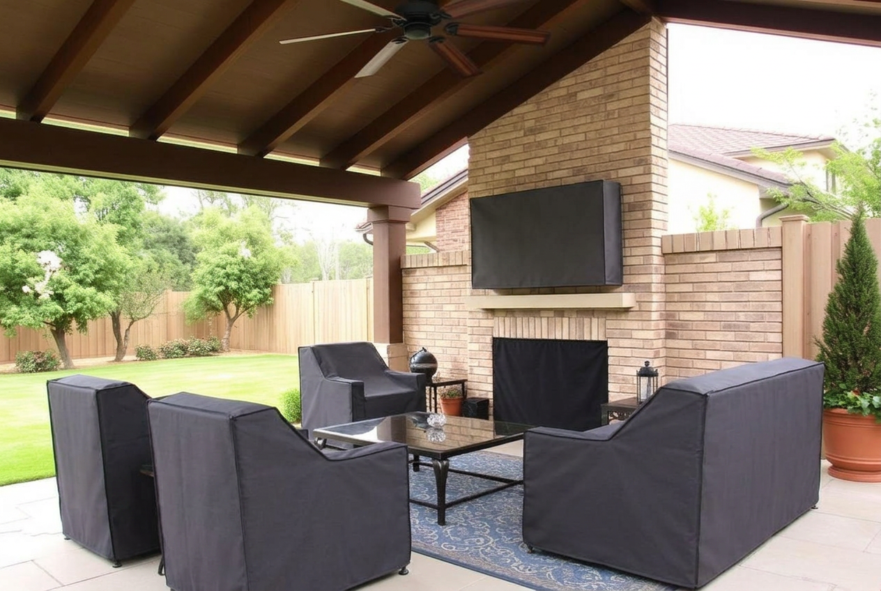 Patio chairs under fitted custom covers with an outdoor TV protected by a weatherproof cover