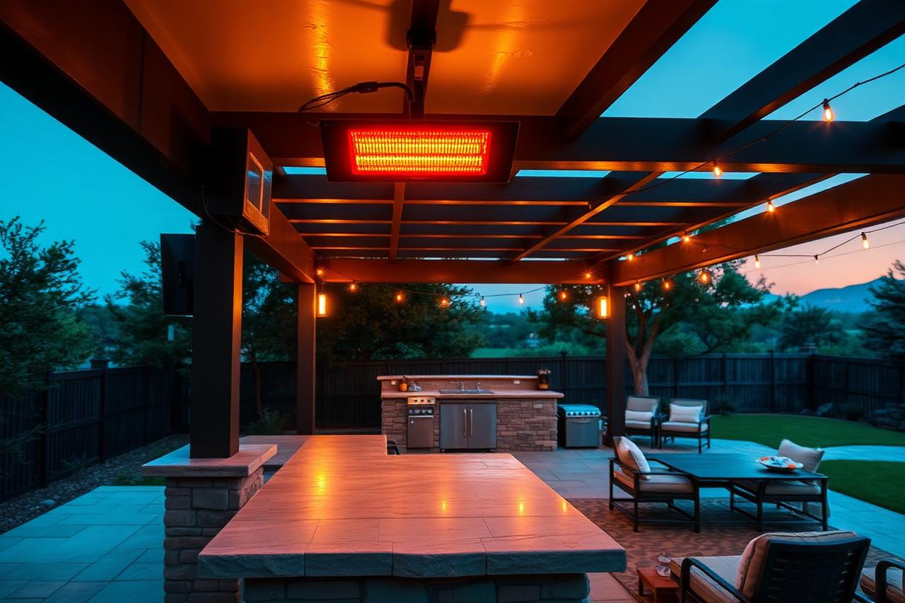 Infrared patio heater mounted under a pergola over a luxury outdoor kitchen at dusk
