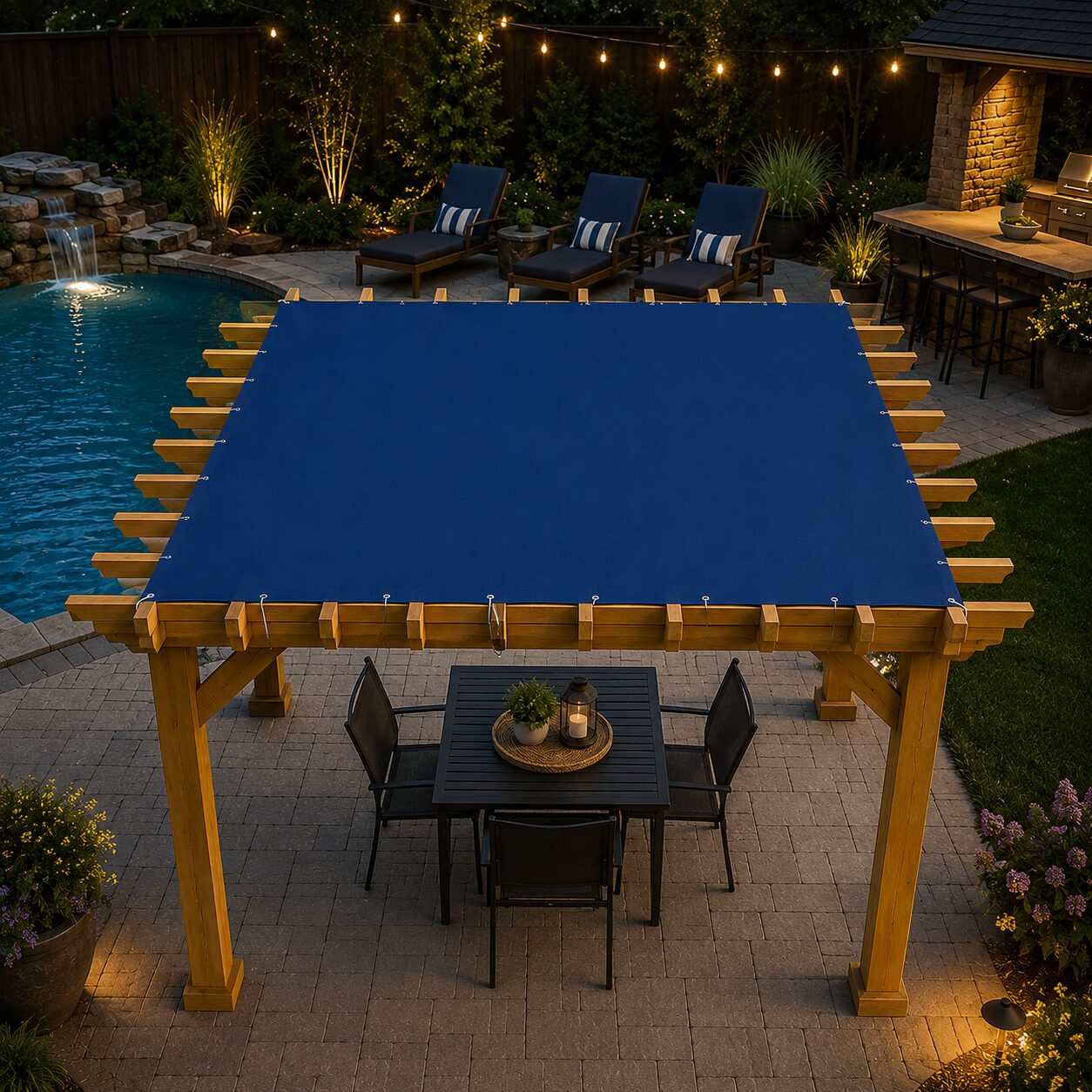 Blue pergola canopy poolside at twilight