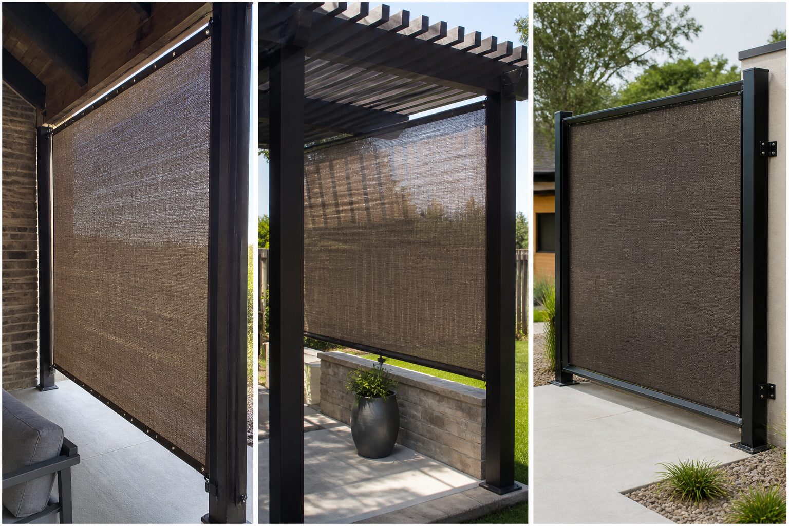 Three custom bronze knitted-mesh side shade privacy panels fabricated by Texas Made Shade — mounted on welded black aluminum frames against a covered patio, a black wood pergola, and a freestanding patio divider for sun blocking and privacy