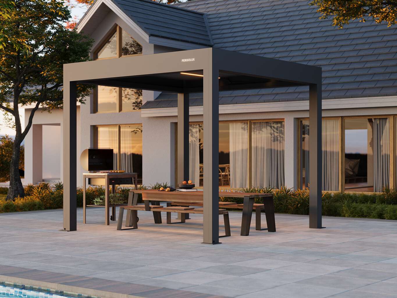 PERGOLUX Pergola 4 Pro Max premium aluminum pergola on a residential patio