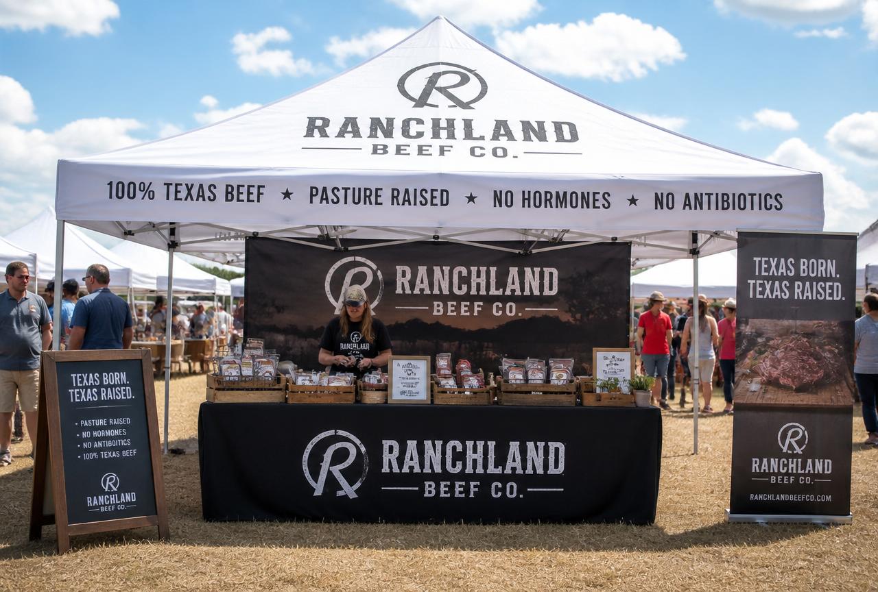 Commercial pop-up vendor tent with a custom printed logo canopy top and valance at a Texas farmers market