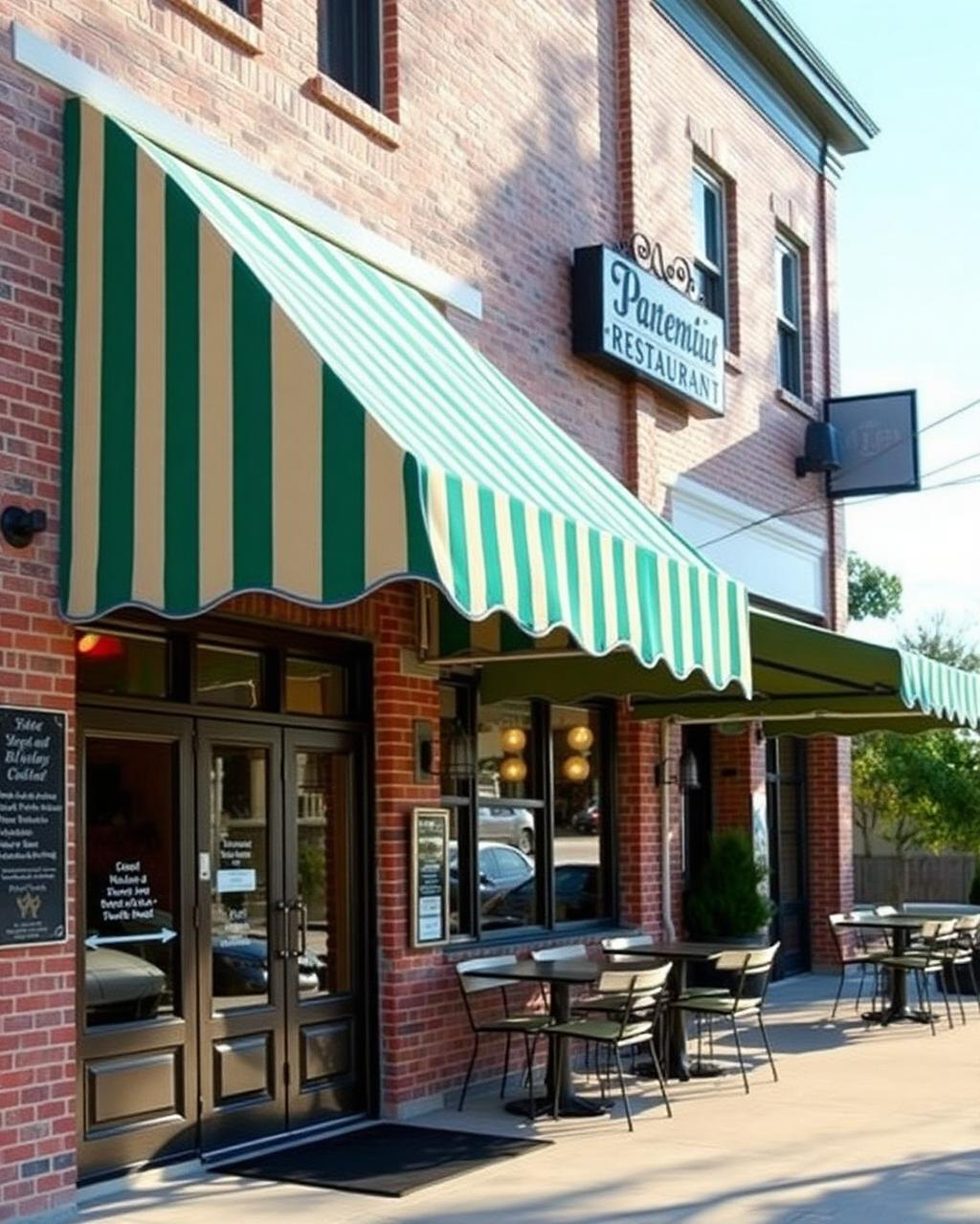 Green-and-cream striped restaurant awning over a brick storefront entry with shaded outdoor dining tables