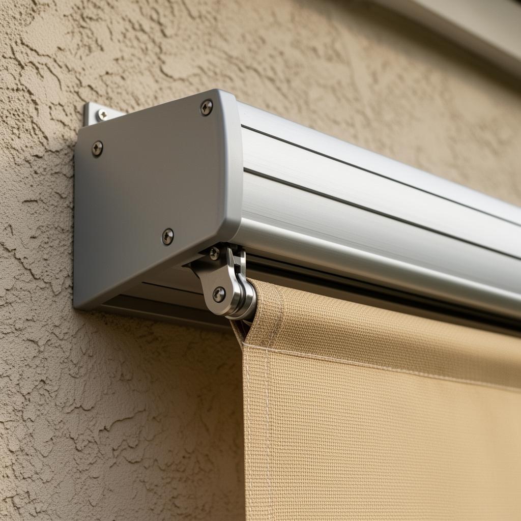 Studio shot of a brushed-aluminum motorized retractable awning cassette with lateral arms partially extended