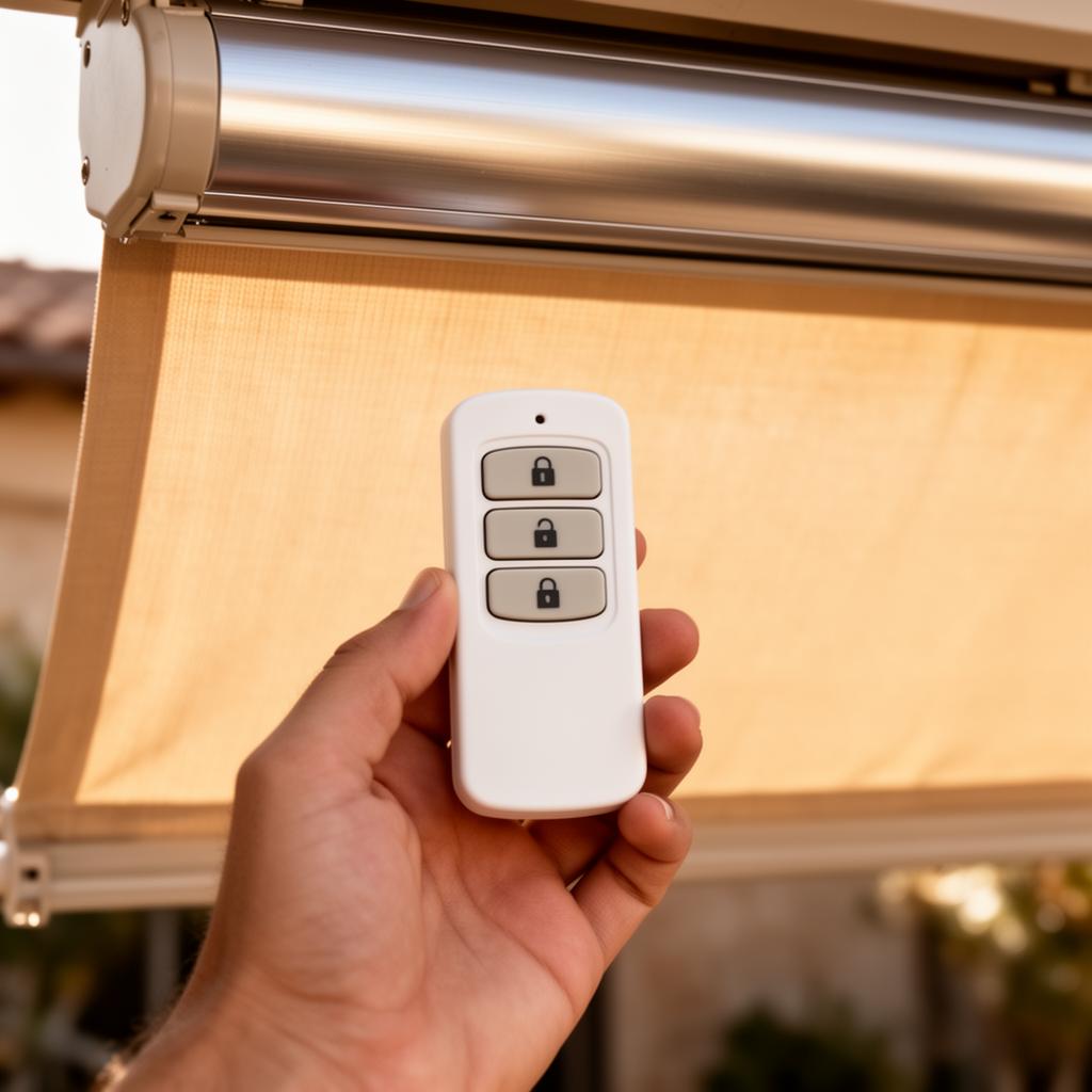 Handheld retractable awning remote and wall-mounted wind and sun sensor on a wood table