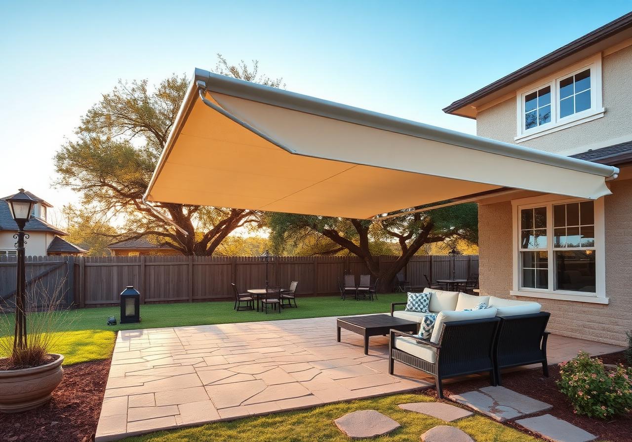 Cream Sunbrella retractable awning fully extended over a flagstone backyard patio with outdoor sectional seating in Seguin, TX