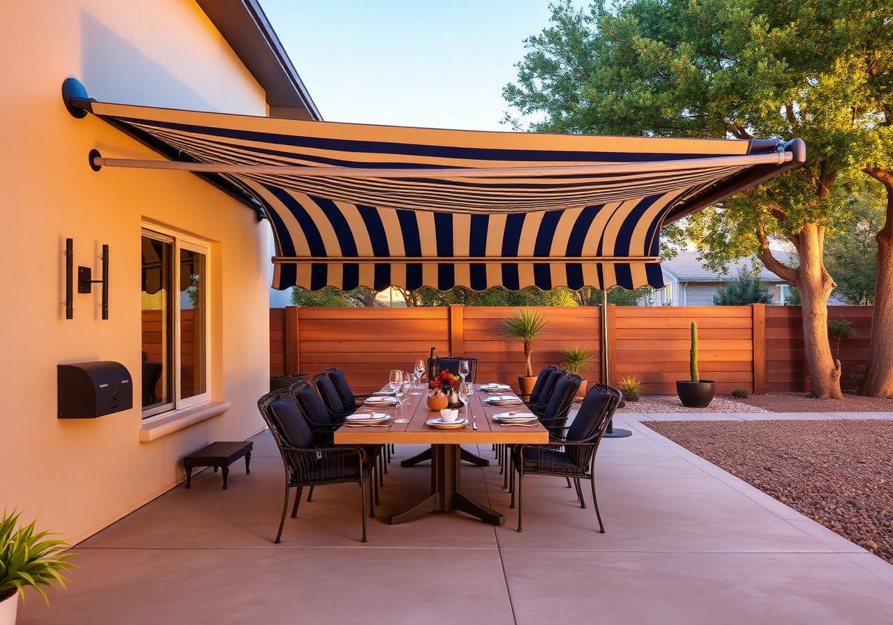Navy and tan striped retractable awning extended over a long outdoor dining table on a stained concrete patio in San Antonio