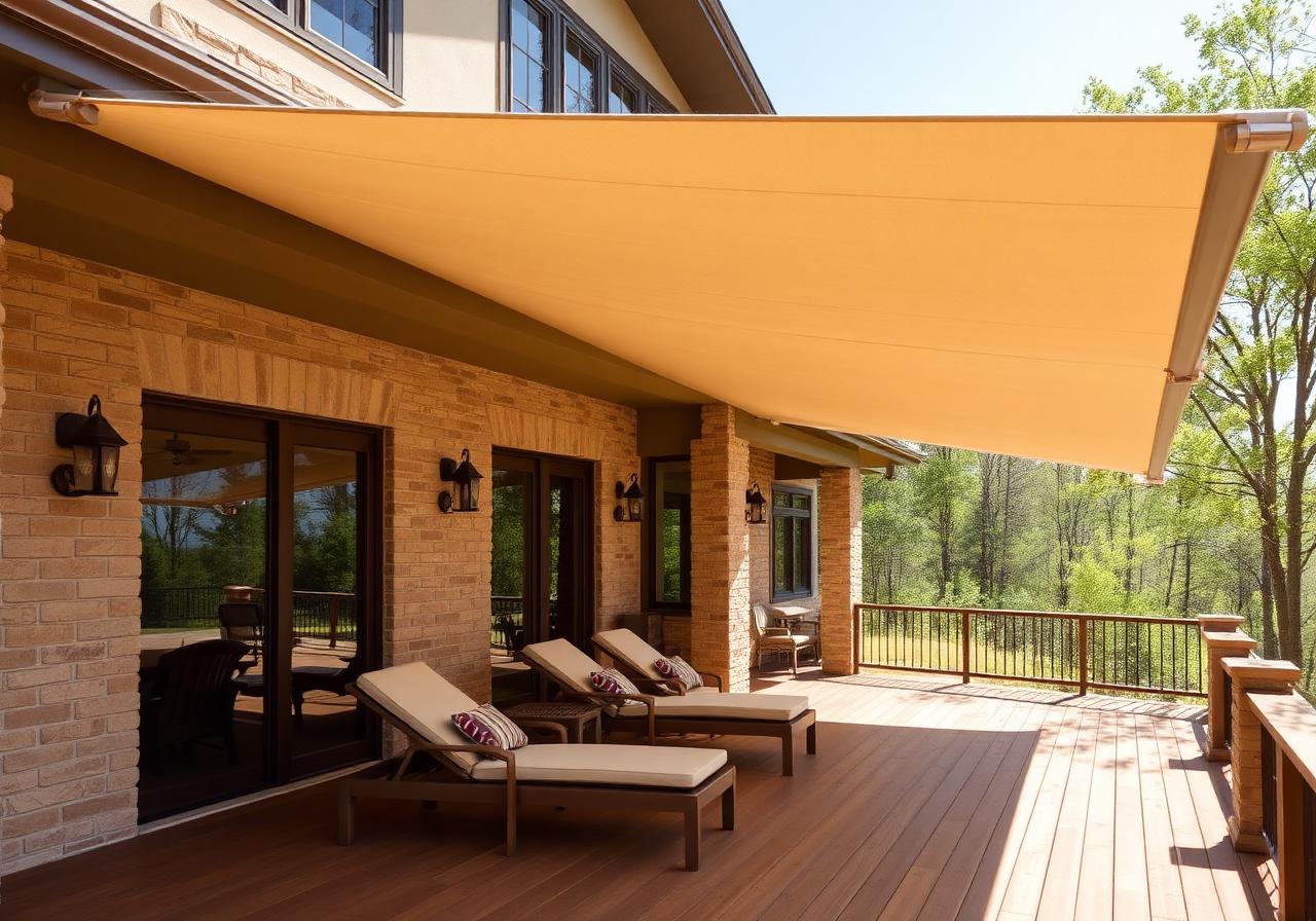 Heather beige Sunbrella retractable awning shading a wood deck with outdoor lounge chairs at an Austin Hill Country home