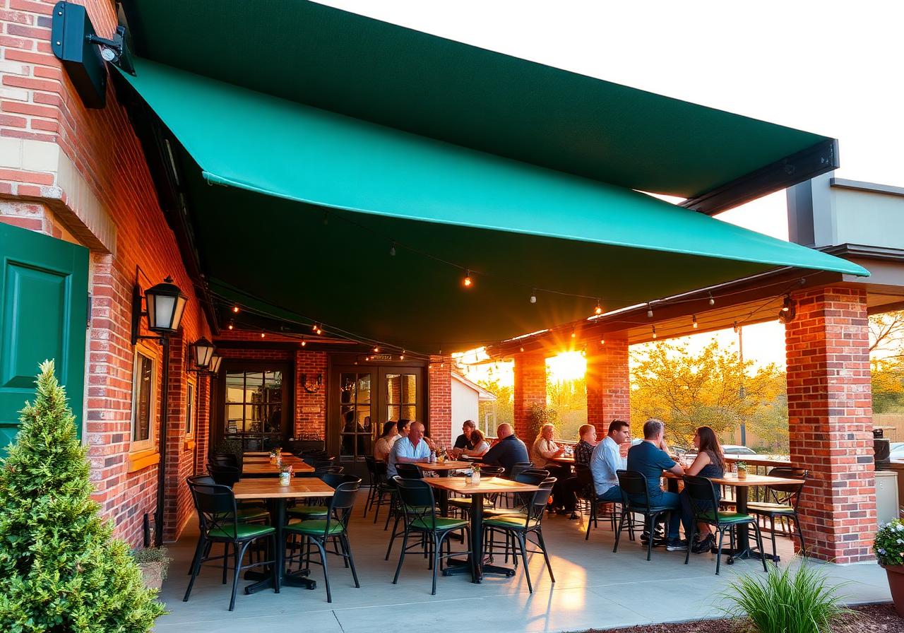 Forest green retractable awning extended over a busy Texas restaurant patio with outdoor dining tables and string lights