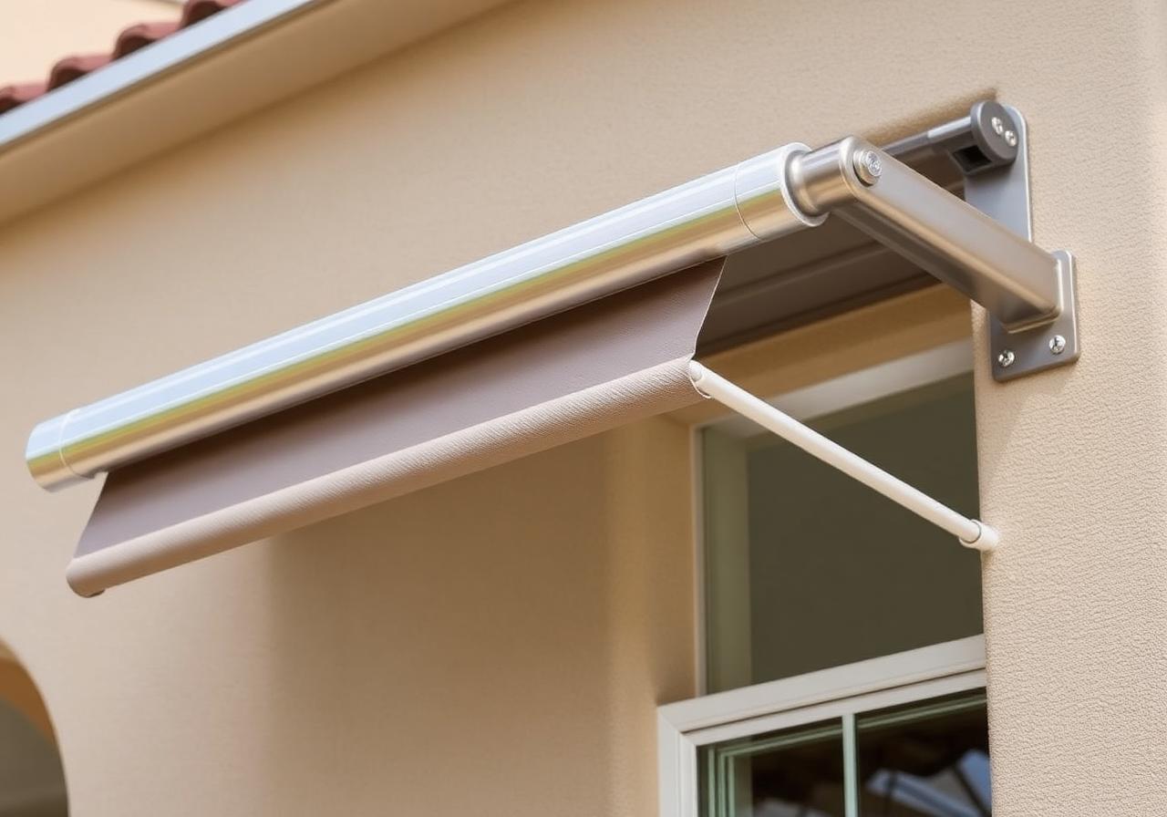 Close-up detail of brushed-aluminum motorized retractable awning cassette and lateral arm bracket installed on a stucco wall